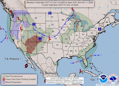 Una masa de aire tropical procedente del ciclón Priscilla provocará precipitaciones abundantes y tormentas eléctricas con riesgo de inundaciones repentinas en Nevada, Utah, Arizona y el sur de California