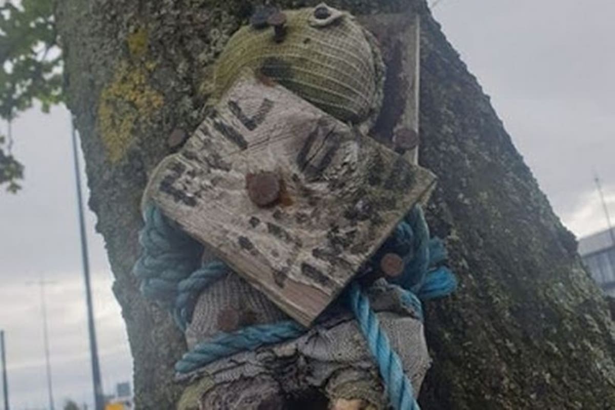Una misteriosa y espeluznante muñeca fue clavada al árbol con un mensaje de terror