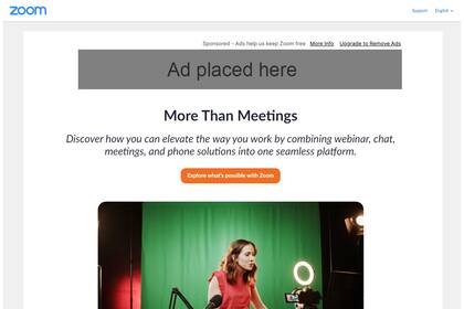 Una muestra de cómo se verán los avisos en la página Web que abre Zoom al finalizar una videollamada en los planes gratuitos
