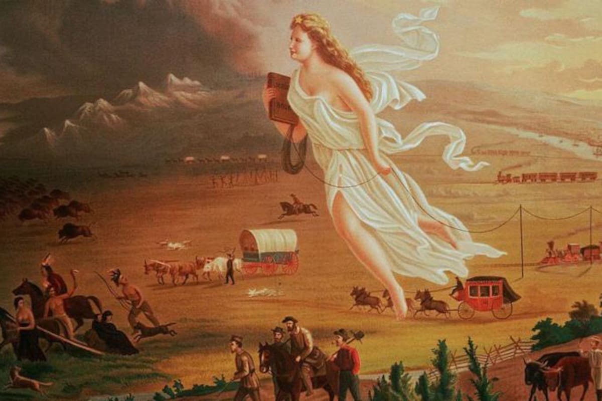 Una mujer con una túnica blanca es el símbolo del "Destino Manifiesto".