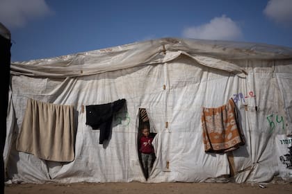 Una niña palestina se asoma a una de las tiendas de un asentamiento improvisado en Rafah, el 23 de enero de 2024. (AP/Fatima Shbair)