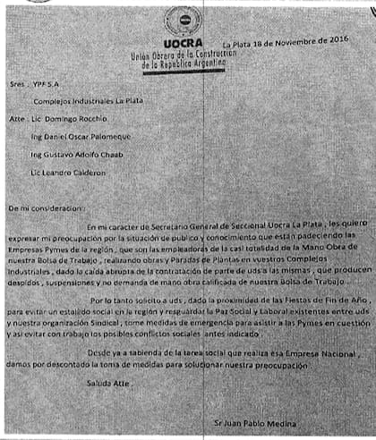 Una nota enviada en 2016 a las empresas constructoras de La Plata para evitar un estallido social, con la firma del "Pata" Medina