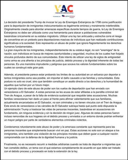 Una organización proinmigrante venezolana sube un comunicado en donde pone en duda la veracidad de si los deportados a El Salvador tienen realmente relación con la banda delictiva Tren de Aragua