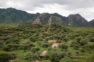 Una panorámica de El Shincal. Hacia el final se observa el cerro que alberga el Templo del Sol.