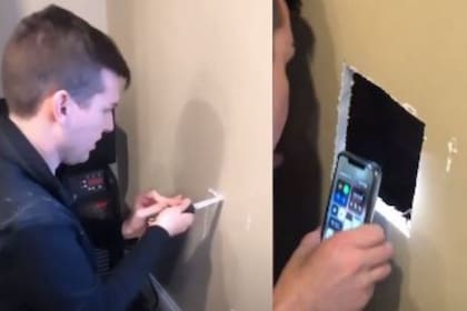 Una pareja rescató a su gato que se había quedado atrapado en la pared