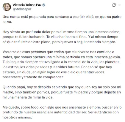 Una parte del mensaje de Tolosa Paz por la muerte de su padre
