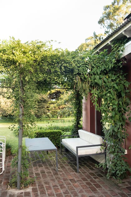Una pérgola contra la casa genera un lugar de sombra y descanso.