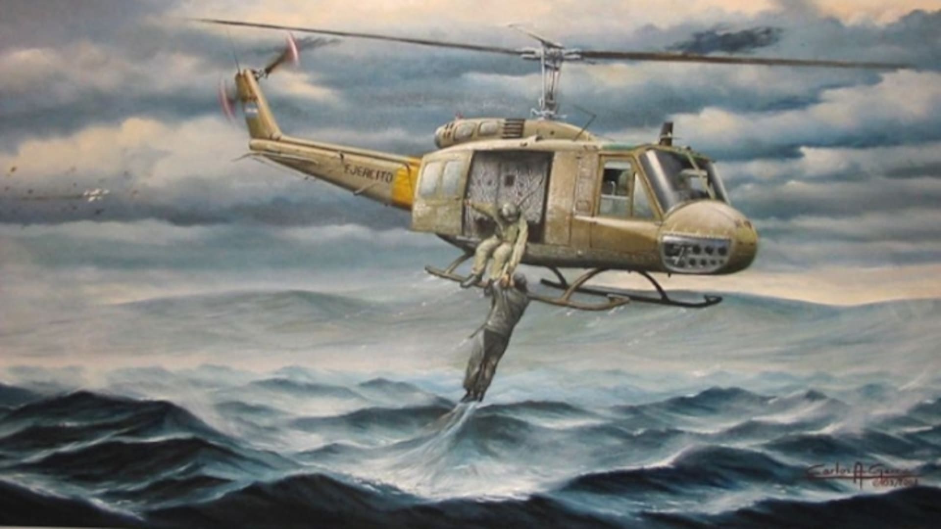 Una pintura que retrata al helicóptero piloteado por Svendsen luego de sumergir su patín en el agua para rescatar a César Arca. En la puerta del Bell, quien sostiene al piloto naval es el cabo primero San Miguel. El autor de la imagen es el artista Carlos Adrián García, experto en pintura de aviación y marina