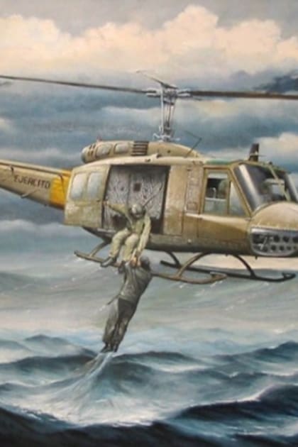 Una pintura que retrata al helicóptero piloteado por Svendsen luego de sumergir su patín en el agua para rescatar a César Arca. En la puerta del Bell, quien sostiene al piloto naval es el cabo primero San Miguel. El autor de la imagen es el artista Carlos Adrián García, experto en pintura de aviación y marina