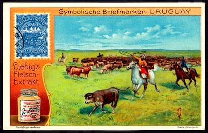 Una postal de Liebig que muestra el campo uruguayo, donde tenían su planta principal en Sudamérica.