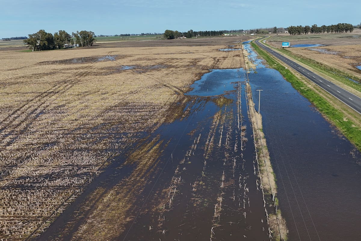 Una postal que se repite en los campos del noroeste bonaerense, con caminos anegados por el agua