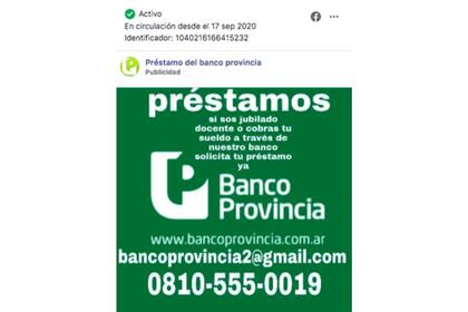 Una promoción de un falso punto de contacto del Banco Provincia (que no usa Gmail de proveedor de correo)