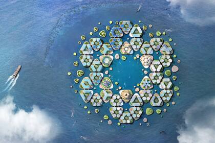 Una recreación artística de la ciudad flotante de Oceanix Busan, que ocuparía 60.000 metros cuadrados y tendría tres módulos flotantes hexagonales