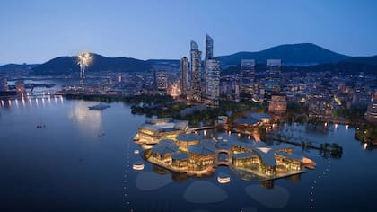 Una recreación artística de la ciudad flotante de Oceanix Busan, que ocuparía 60.000 metros cuadrados y tendría tres módulos flotantes hexagonales