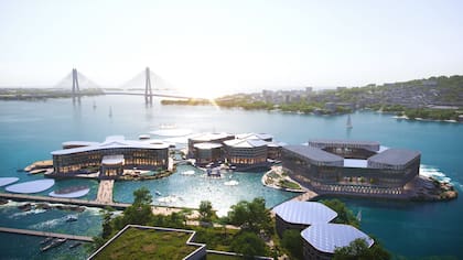 Una recreación artística de la ciudad flotante de Oceanix Busan, que ocuparía 60.000 metros cuadrados y tendría tres módulos flotantes hexagonales