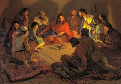 Una recreación de la última cena realizada por el artista gráfico norteamericano Ray Downing, más acorde con las costumbres de la época de Jesús.