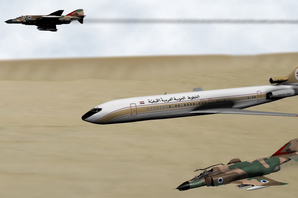 Una recreación del momento en el que los cazas israelíes interceptan el avión comercial