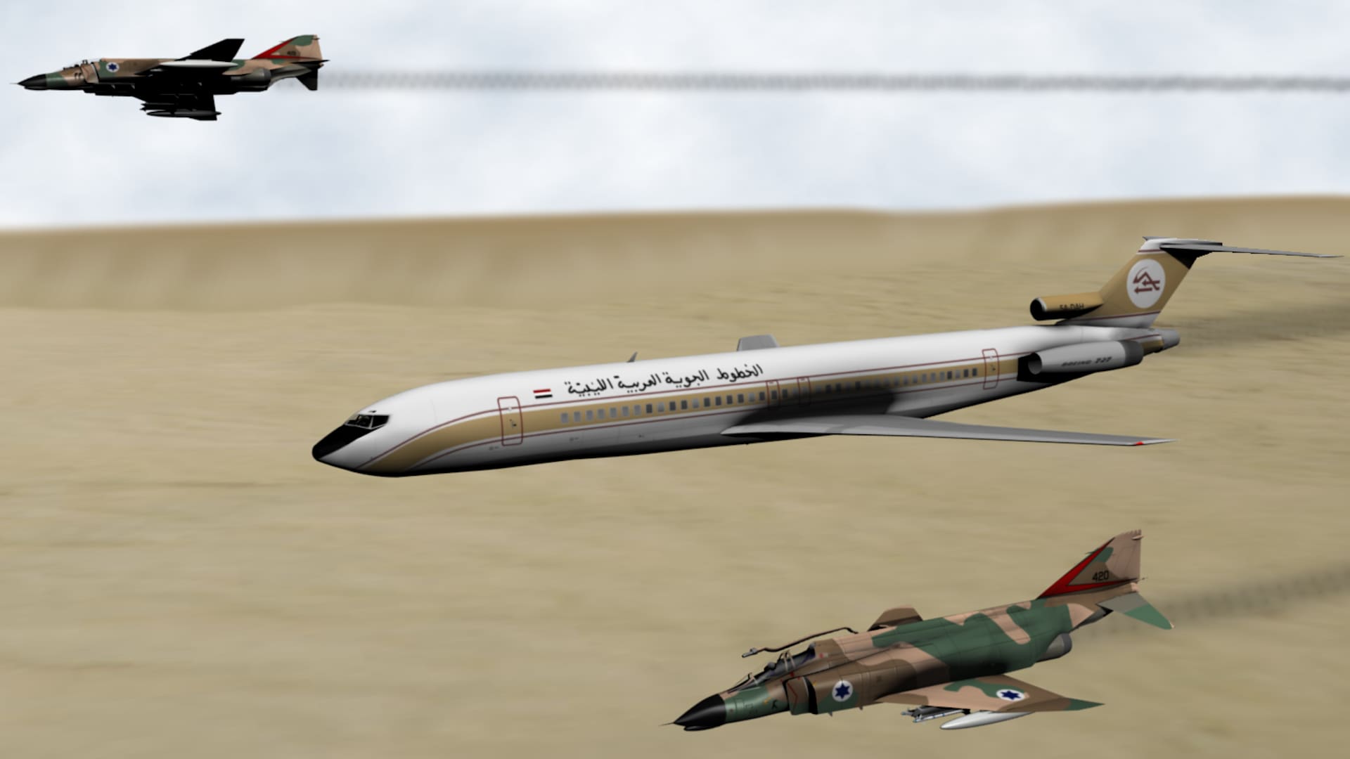 Una recreación del momento en el que los cazas israelíes interceptan el avión comercial