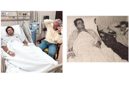 Una recreación y dos hechos idénticos: a la izquierda, Carlos Sainz junior acompañado por su padre -Carlos Sainz- tras haber sido operado de apendicitis, este sábado; a la derecha, quien se ve en la cama es su padre, años atrás, cuando fue intervenido por la misma afección... Su acompañante sostiene el teléfono, un gesto que Sainz padre imitó hoy
