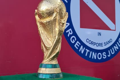 Una réplica de la Copa del Mundo levantada por el capitán argentino en México '86 y el escudo de su club de origen en el fútbol.
