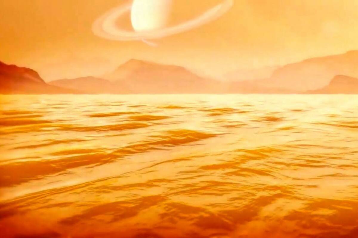 Una representación artística de Kraken Mare, el gran mar de metano líquido en la luna Titán de Saturno