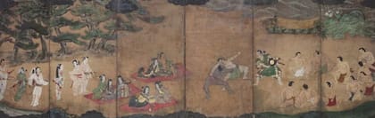 Una representación de fines del Siglo XVI que muestra a Oda Nobunaga contemplando una pelea de sumo; el luchador de piel oscura podría ser Yasuke.