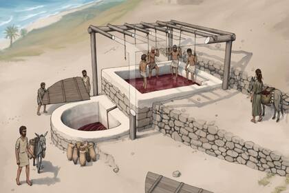 Una reproducción de la fábrica de vino fenicia realizada por los arqueólogos de la Universidad Americana de Beirut. El descubrimiento confirma que el antiguo pueblo de comerciantes difundió en el mundo la cultura de disfrutar de la bebida espirituosa