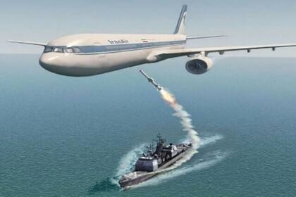 Una reproducción del momento del ataque del USS Vincennes al vuelo 655 de Iran Air