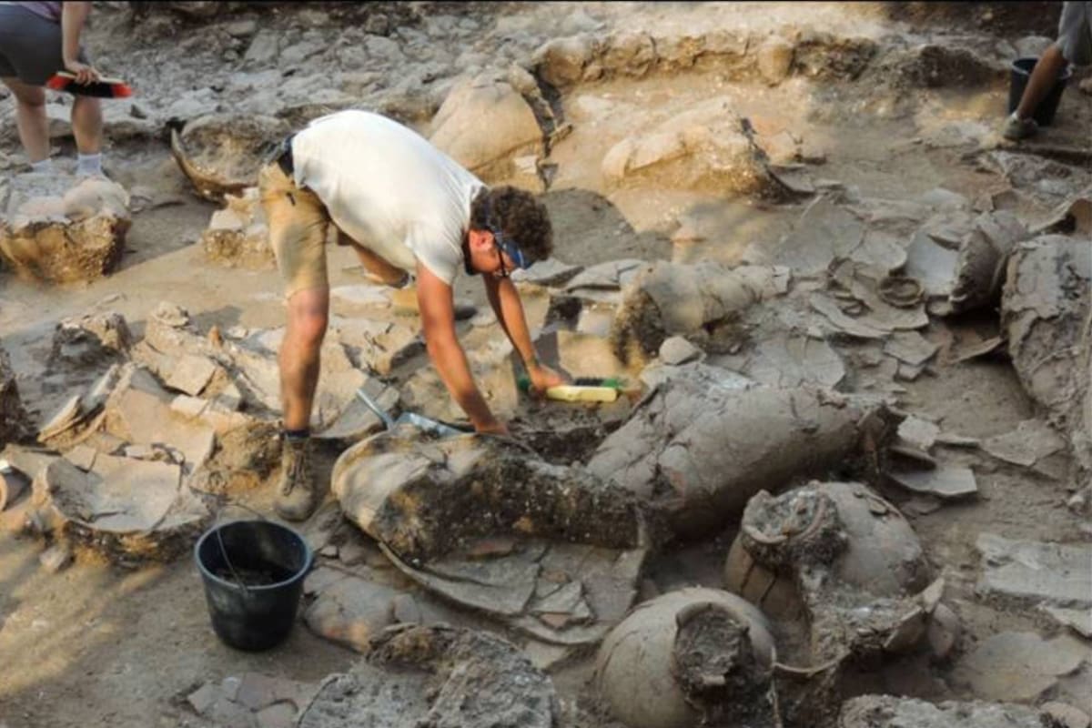 Una sala de almacenamiento de tinajas de vino, todas rotas en su lugar, proporcionó una pista fundamental de lo que sucedió en el palacio cananeo en Tel Kabri hace 3.700 años