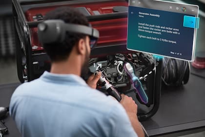 Una simulación de lo que podría ver un usuario de HoloLens 2 al usar los anteojos de realidad aumentada, que permite mezclar información digital con el mundo real
