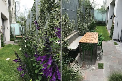 Una superficie angosta y larga fue resuelta con una mesa para seis, césped y plantas que atraen picaflores y mariposas. Además, se construyó un banco fijo de hormigón usando de respaldo el murete que sostiene la reja.