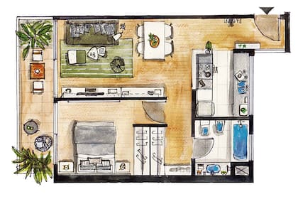 Una superficie de 7,3x6m con piso flotante. Los ambientes principales son casi iguales, lo que deja un cuarto cómodo y un living relativamente angosto, que se resolvió con muebles a medida.
