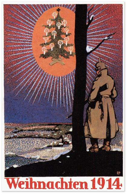Una tarjeta de saludo navideño en alemán que evoca el cese de hostilidades de 1914.