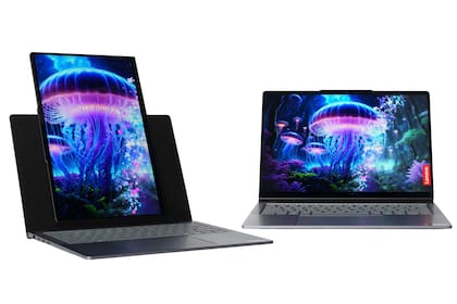 Una ThinkBook VertiFlex de Lenovo, con una pantalla de 14 pulgadas que puede rotar para usarse en forma apaisada o en modo retrato (horizontal o vertical)