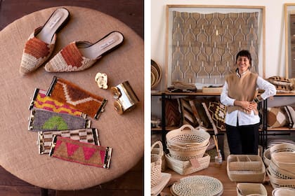 Mules y brazaletes de la línea Fusión de Matriarca, que combina tejidos artesanales con otros materiales en código urbano, y zapatos de Marcelo Senra para Matriarca, como el chaleco que viste Paulina Neyman (der.). Enmarcado, paño de chaguar tejido con la técnica de "punto antiguo", que se teje a mano en un proceso que lleva meses.