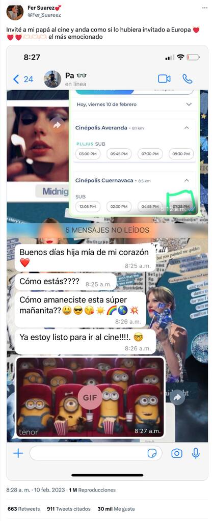 Una tuitera mexicana compartió la conversación con su papá después de que lo invitó al cine