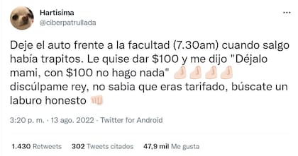 Una usuaria de Twitter relató su experiencia con un "trapito" y su reacción la dejó atónita.