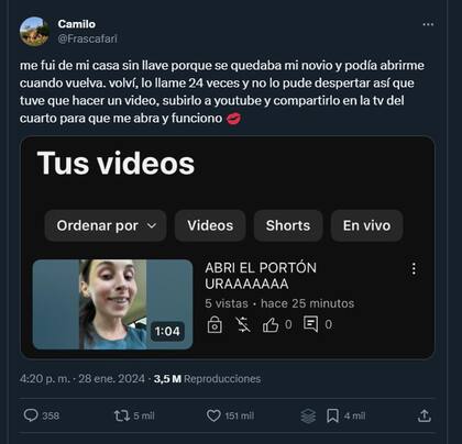 Una usuaria de X encontró una forma genial para lograr que su novio le abra el portón: hacer un video que apareciera en YouTube