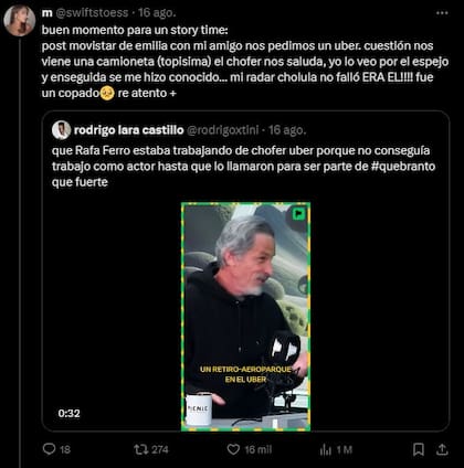 Una usuaria de X relató el encuentro con Rafael Ferro como Uber