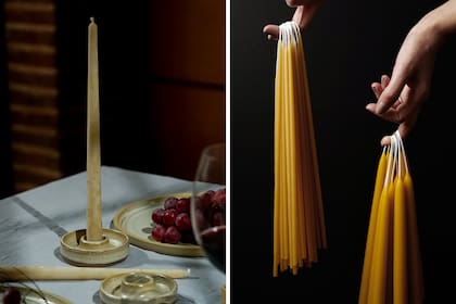 Una vela dela línea Cala en color hueso y, a la derecha, las que se hacen a mano según el método tradicional.