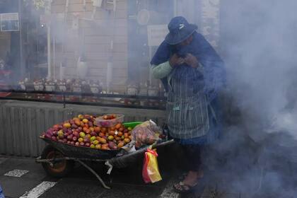 Una vendedora de frutas se cubre la nariz y la boca en medio de los gases lacrimógenos lanzados por la policía durante los enfrentamientos con los educadores que protestaban cerca del palacio de gobierno en La Paz