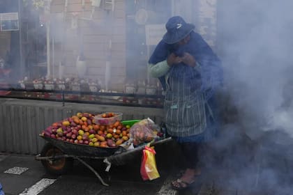 Una vendedora de frutas se cubre la nariz y la boca en medio de los gases lacrimógenos lanzados por la policía durante los enfrentamientos con los educadores que protestaban cerca del palacio de gobierno en La Paz
