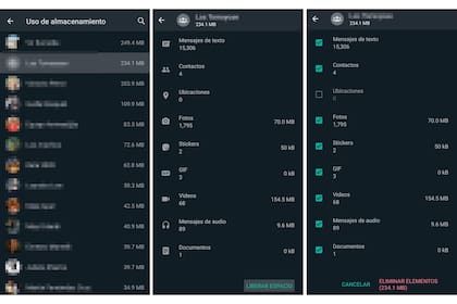 Una vez dentro de la opción Uso de almacenamiento se pueden ver cuáles son los chats que mas espacio ocupan en el teléfono con sus fotos, videos y audios, entre otros elementos