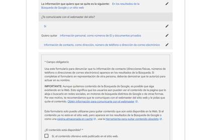 Una vez que definimos qué tipo de información que queremos quitar de los resultados de las búsquedas, el formulario de Google nos pedirá que completemos información de contacto datos específicos, como los sitios en los que aparece esa información privada