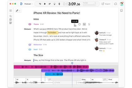 Una vista de Descript, uno de los software de transcripción que permite editar audio como si fuera un texto