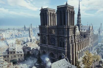 Una vista de la catedral Notre Dame dentro del videojuego y ambientado en la París de la Revolución Francesa