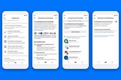 Una vista de la función Actividad Fuera de Facebook, la herramienta que permite remover la información que recolectan los sitios que están conectados con la compañía para realizar campañas publicitarias en la red social