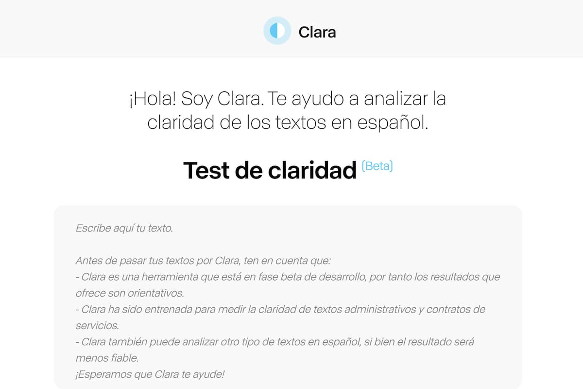 Una vista de la interfaz de Clara, el sistema que analiza la claridad de los textos en español