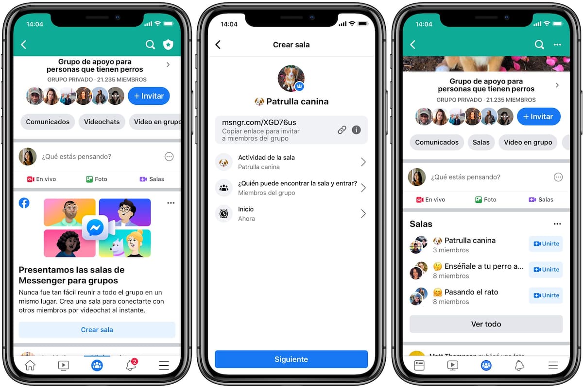 Una vista de la publicación de Messenger Rooms en la versión móvil