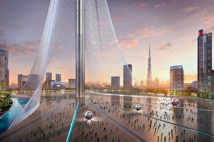 Una vista de la torre y la malla de acero que recubre la Dubai Creek Tower